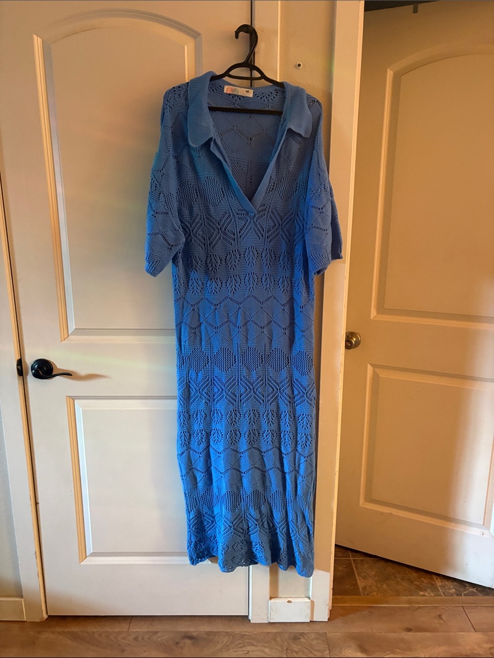 Free People Beach Blue Crochet Knit V-Neck Maxi Dress Cover Up